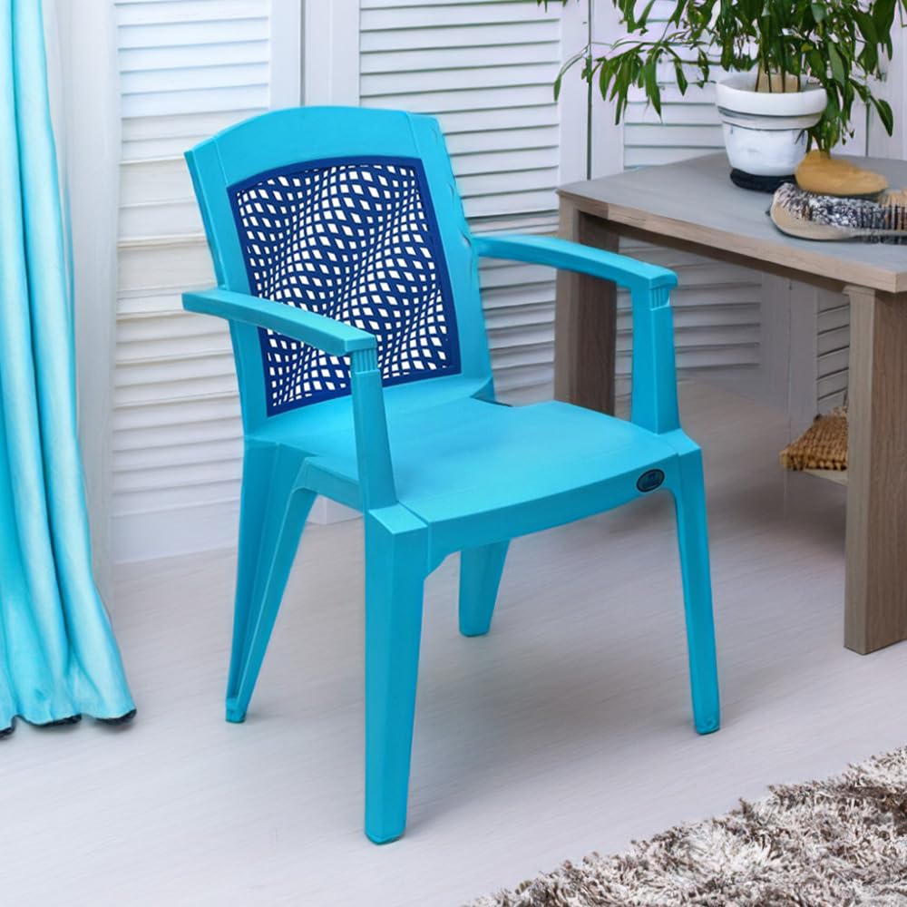 @home Nilkamal Illusion Plastic Chair with Arm|Illusionary Netted Design Backrest|for Dining Room, Garden, Cafes, Kitchen, Balconies, and Gatherings|Celeste Blue/Pepsi Blue-picture-48