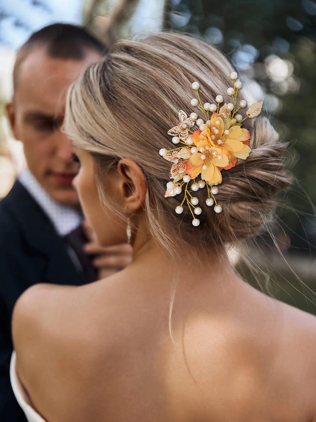 IYOU Boda Novia Peine del pelo Oro Margarita Tocado Flores Hoja Novia Accesorios para el cabello para Mujeres