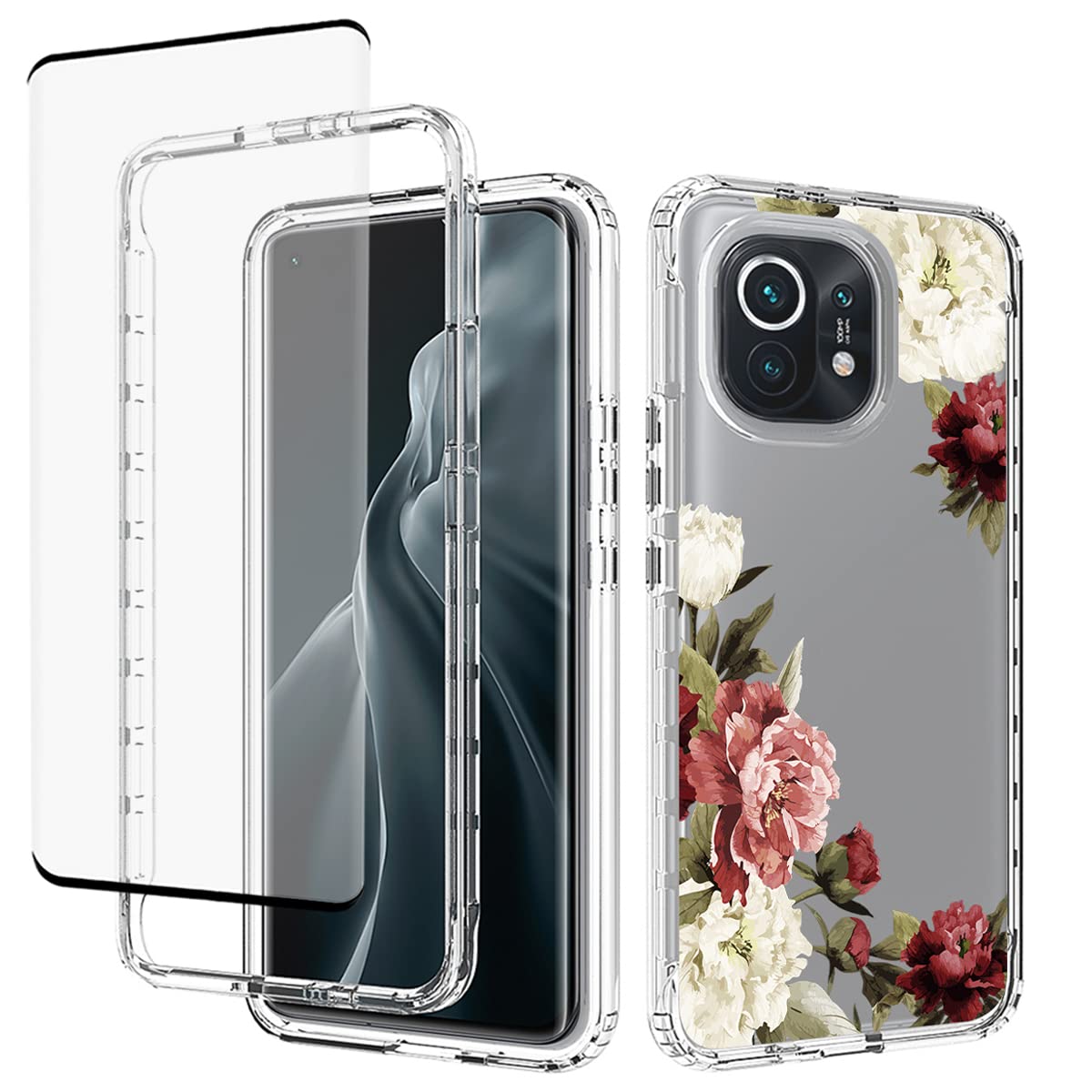 for Mi 11 5G Case, Xiaomi11 M2011K2C Case with Tempered Glass Screen Protector, Full-Body Cute Clear Floral Pattern Protective Phone Cover Cases for Mi11 G5 Xiaomi Mi 11 5G (Flower)