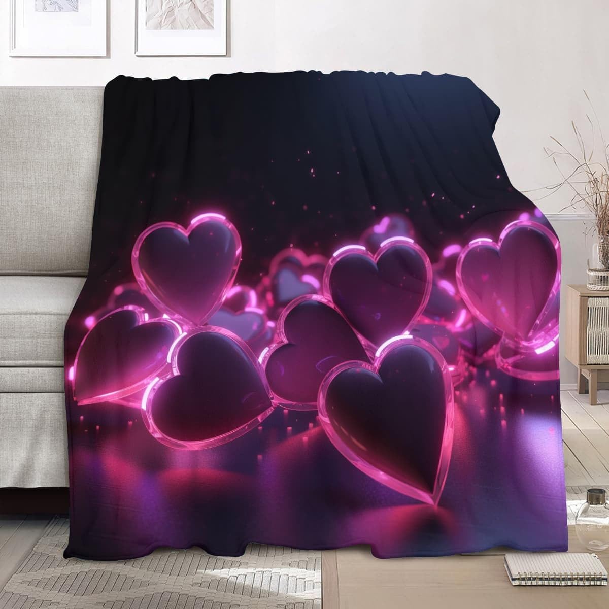 Coperta Pile 180x220 cm Cuore Romantico Al Neon Coperta Plaid Pile Divano Blanket in Flanella, Viola Coperta Letto Matrimoniale Calore Morbida, Coperta Leggera Per Campeggio e Viaggi