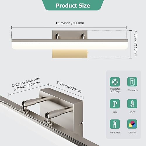 Miniatura 5 de Luz de tocador de níquel cepillado, barra de luz LED regulable de 15.7 pulgadas con 5 CCT, ángulo ajustable, iluminación de pared moderna para baño,