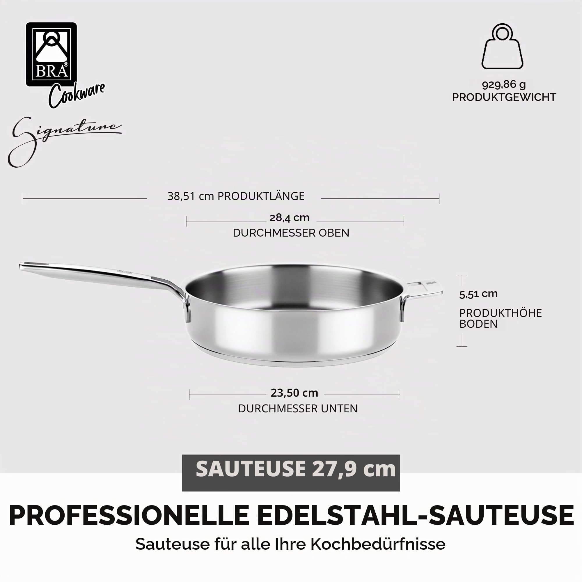 BRA Signature | Schmorpfanne 28 cm, Edelstahl 18/10, Mit Glasdeckel