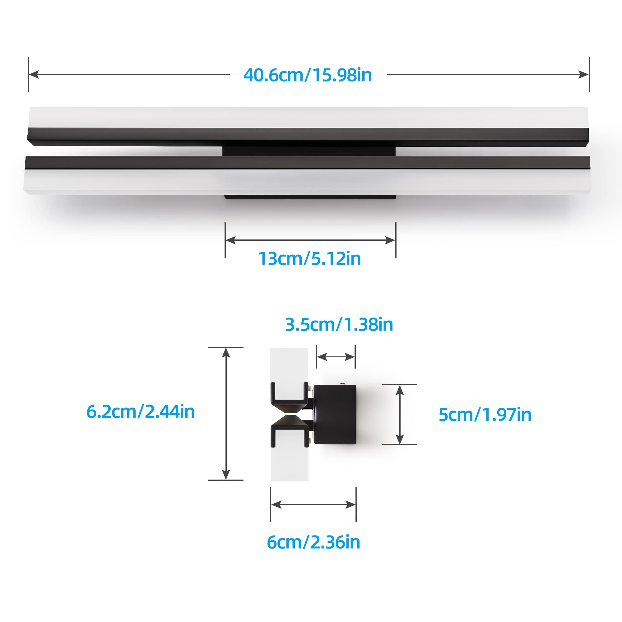 MantoLite Luminaires de Vanité LED 6000K 40CM 12W Noir Applique Murale Salle de Bain