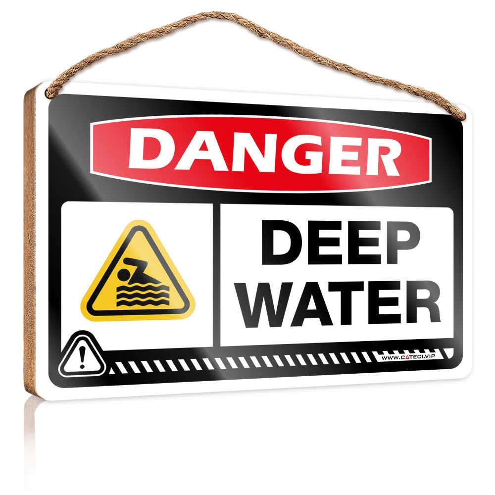 HMQW Funny Bathroom Door Signs Danger Deep Water Wooden Sign Door Decor Funny Kitchen Decor(15X28CM)