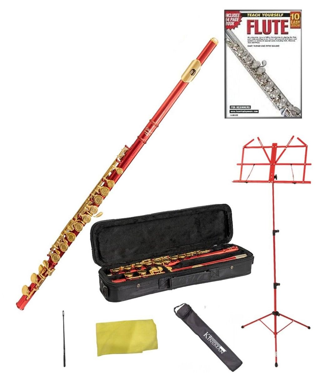 Elkhart by Vincent Bach Red Flute Pack includes Flute, Case with Shoulder Straps, Music Stand, Learn to Play Flute - 10 Easy Lessons DVD and 64 Page Booklet, Cleaning Rod and Microfiber Cloth