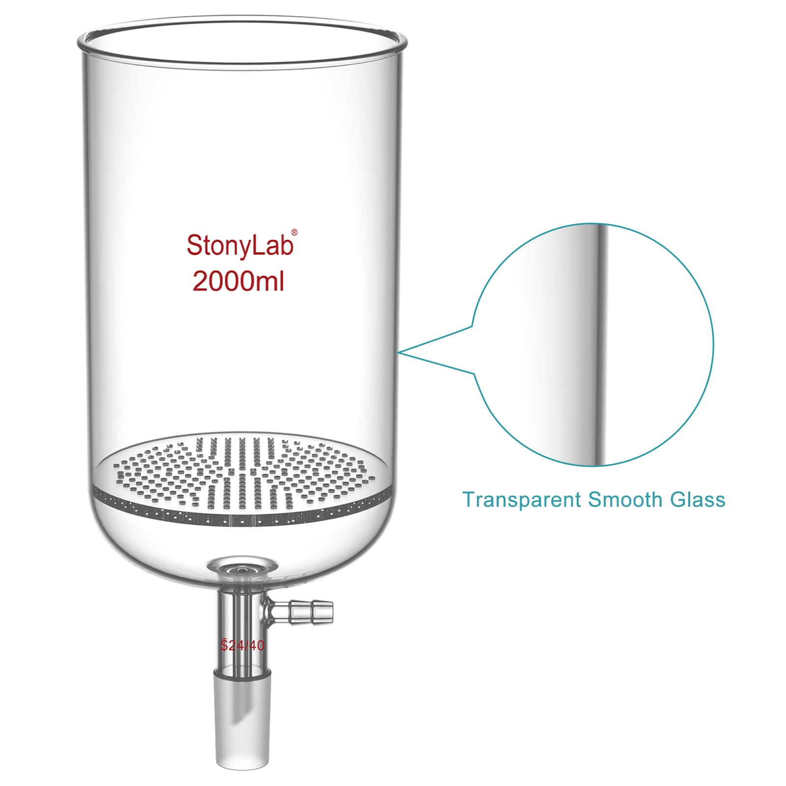 stonylab Embudo de Filtración Buchner de Vidrio, Embudo de Filtro de Placa de Vidrio Borosilicato con Conexión de Manguera de 10 mm y Junta Estándar 24/40 para Pruebas de Filtración, 2000 ml