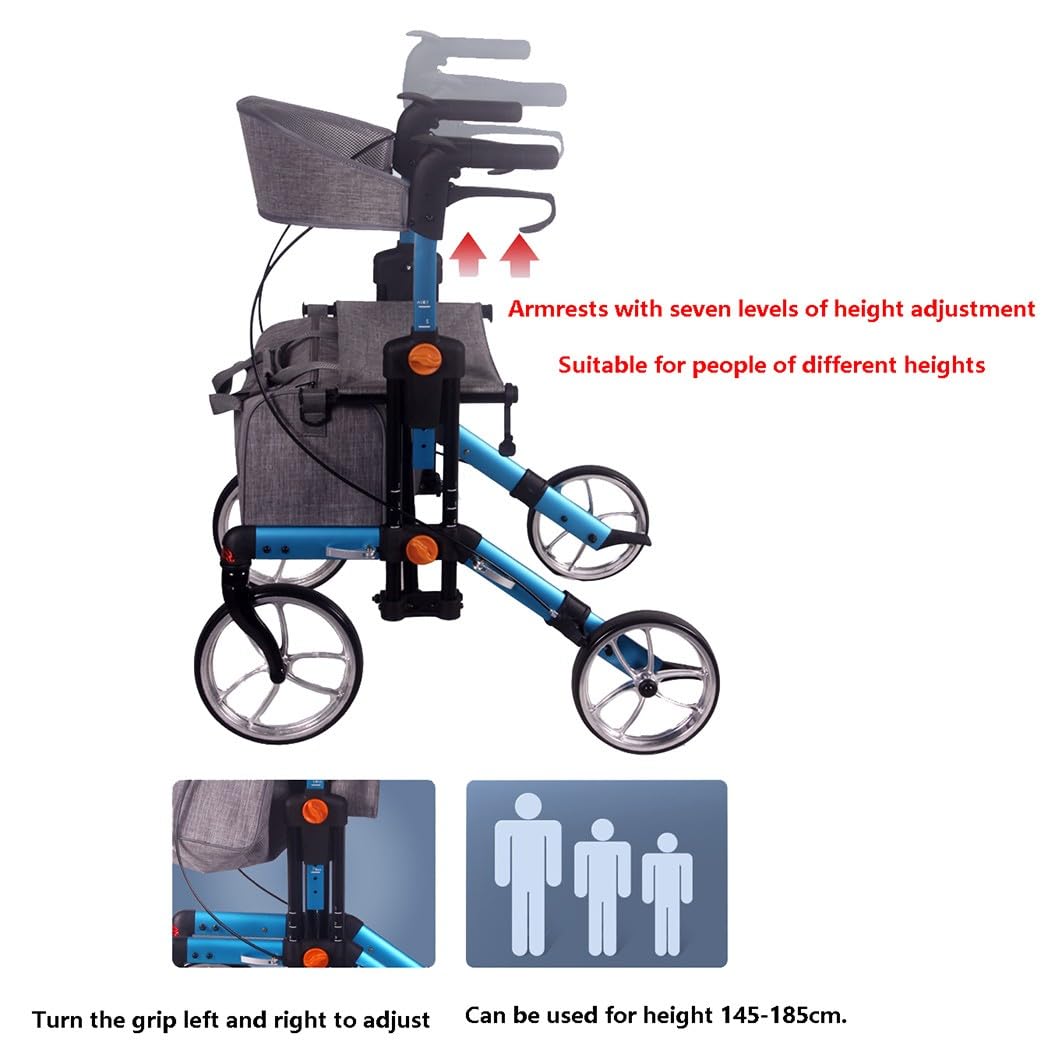 Andadores para Personas Mayores con 4 Ruedas,andador rollator con freno,Andador con ASIENTO y CESTA,Andador de Aluminio Plegable,altura ajustable blue