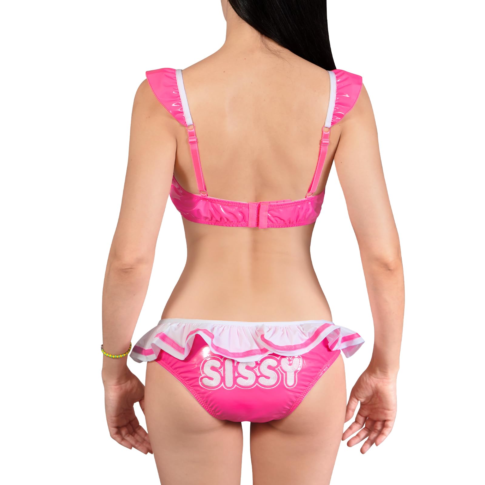 LittleForBig Unisex Metallic Rave Cuero Sintético Brillante Volantes Sin Mangas Espalda Sin Espalda Bikini Bragas De Látex Sissy Doll Juego de Bralette de 2 Piezas
