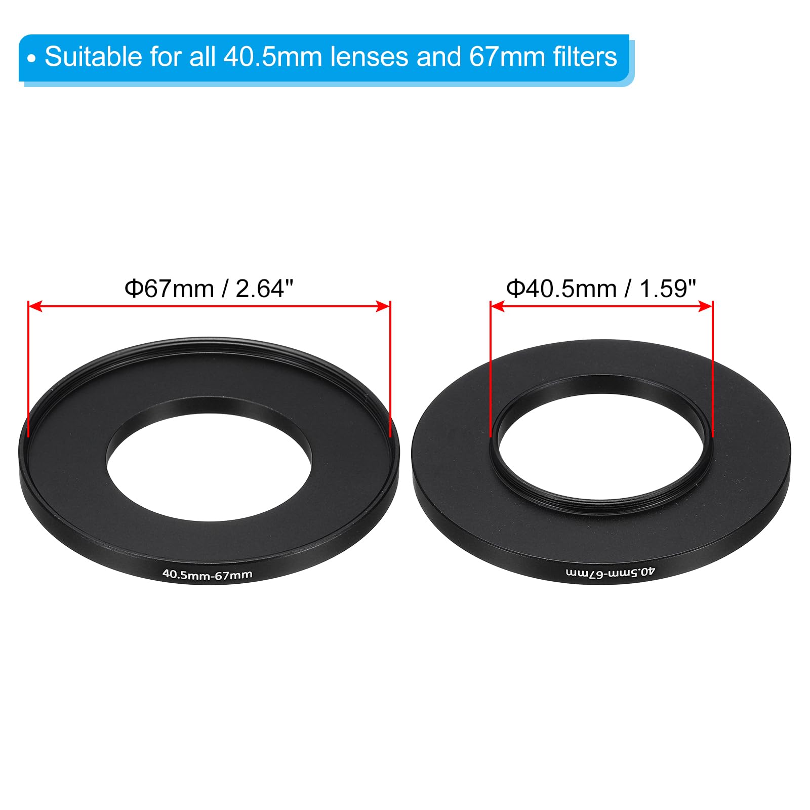 PATIKIL 40,5 mm-67 mm metalowy pierścień Step Up z ściereczką do czyszczenia, 2-pak adaptera filtra obiektywu aparatu, pierścień, aluminiowy pierścień adaptera filtra do kaptura obiektywu, czarny