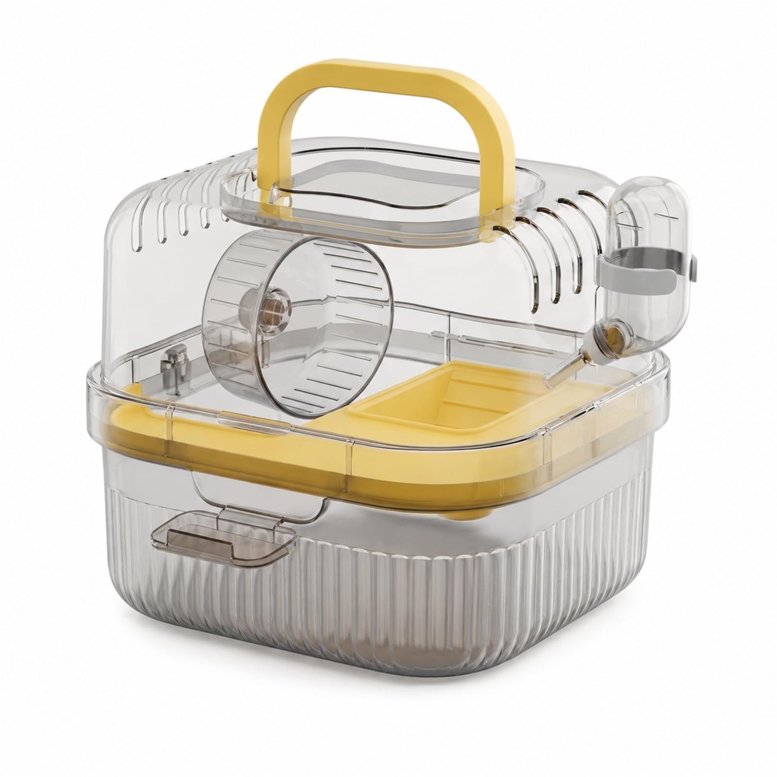 Clear Hamster Travel Cage Portable Small Animal Carrier With Top Handle, Exercise Wheel And 80ml Water Bottle For Hamsters, Mice And Gerbils(Yellow)