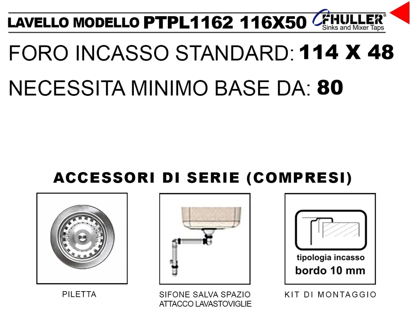 PTPL1162GB Lavello da Incasso, 116x50 cm, 2 Vasche con Gocciolatoio, Granito Nero, Serie Pietra Plus