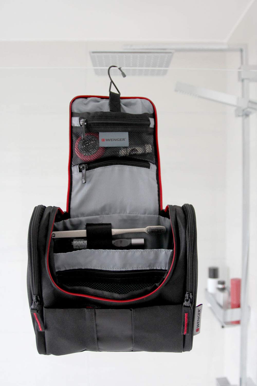 WENGER Beauty case da viaggio da appendere per uomo e donna, grande beauty case da 7 litri, borsa cosmetica con gancio, borsa cosmetica nera con fodera interna grigia