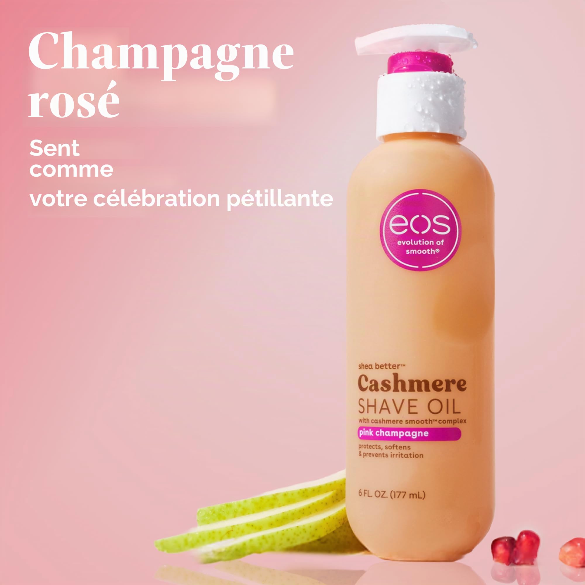 eos Cashmere Shave Oil - Huile de rasage hydratante rose champagne - Avec beurre de karité et glycérine - Pour peaux sensibles - 177 ml / 6 fl oz