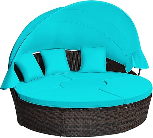 RELAX4LIFE Sofá cama redonda para exteriores, juego de sofá modular de mimbre con toldo retráctil, cojines lavables y mesa de centro de altura