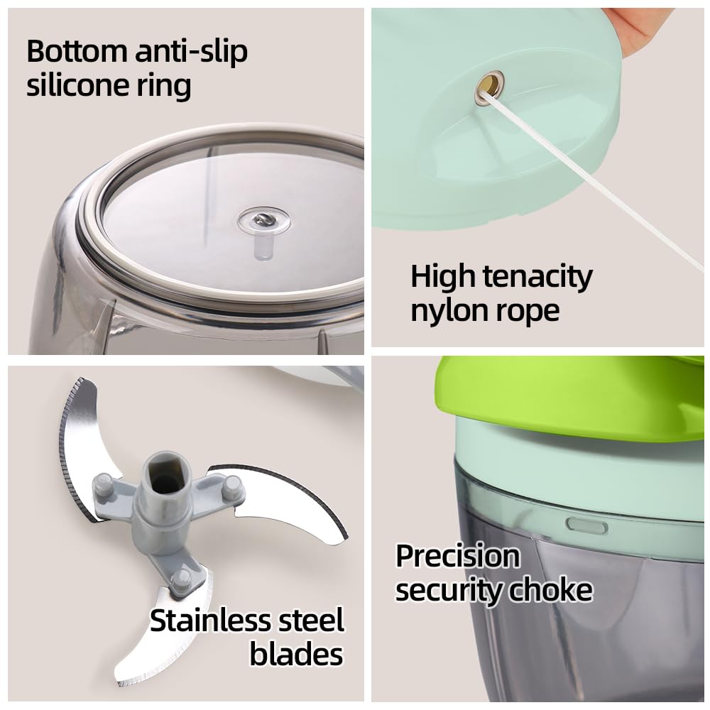Procesador manual de alimentos picador de verduras 2.3 tazas pequeño mini cuerda de tracción manual picadora de cebolla picadora de ajo con 3 cuchillas de acero inoxidable - verde