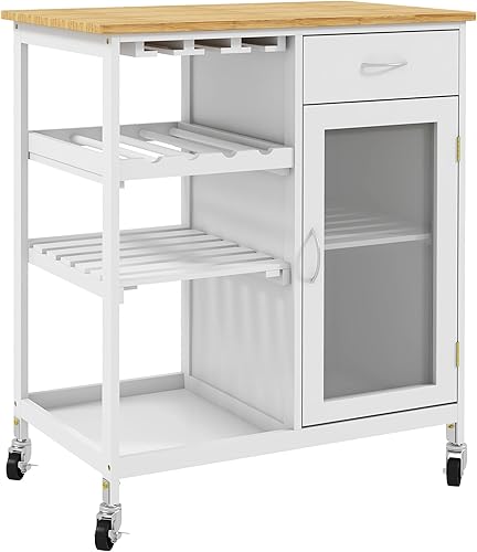 HOMCOM Isla de cocina rodante con almacenamiento, carrito de cocina con estante para vino de 4 botellas, carrito de bar con soporte para vasos,