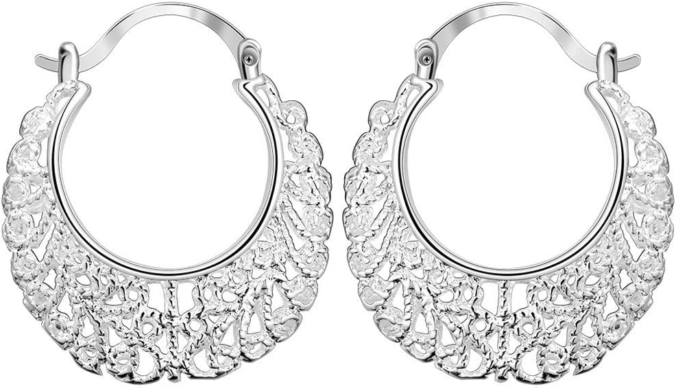 BOHG Jewelry Womens 925 Sterling Silver Plated Cute Filigree Weave Flower Oval Hoop Drop Dangle Earrings