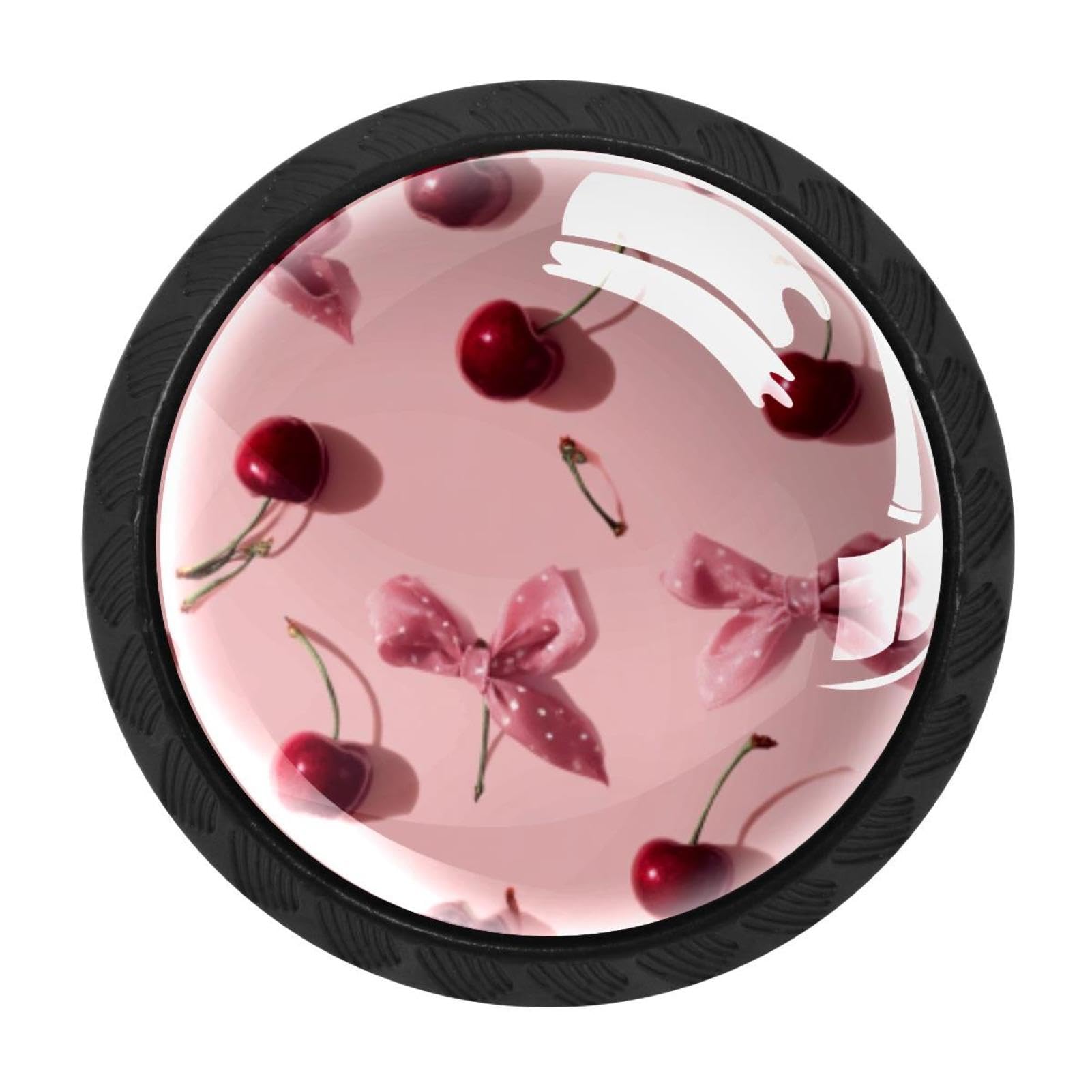 CHENZZZZ 4 Pack Black Pink Bows and Cherries on Pink Backgroun Drawer Knobs, Cabinet Knobs Round Glass Knobs for Kitchen Cabinet Hardware Bathroom 35MM
