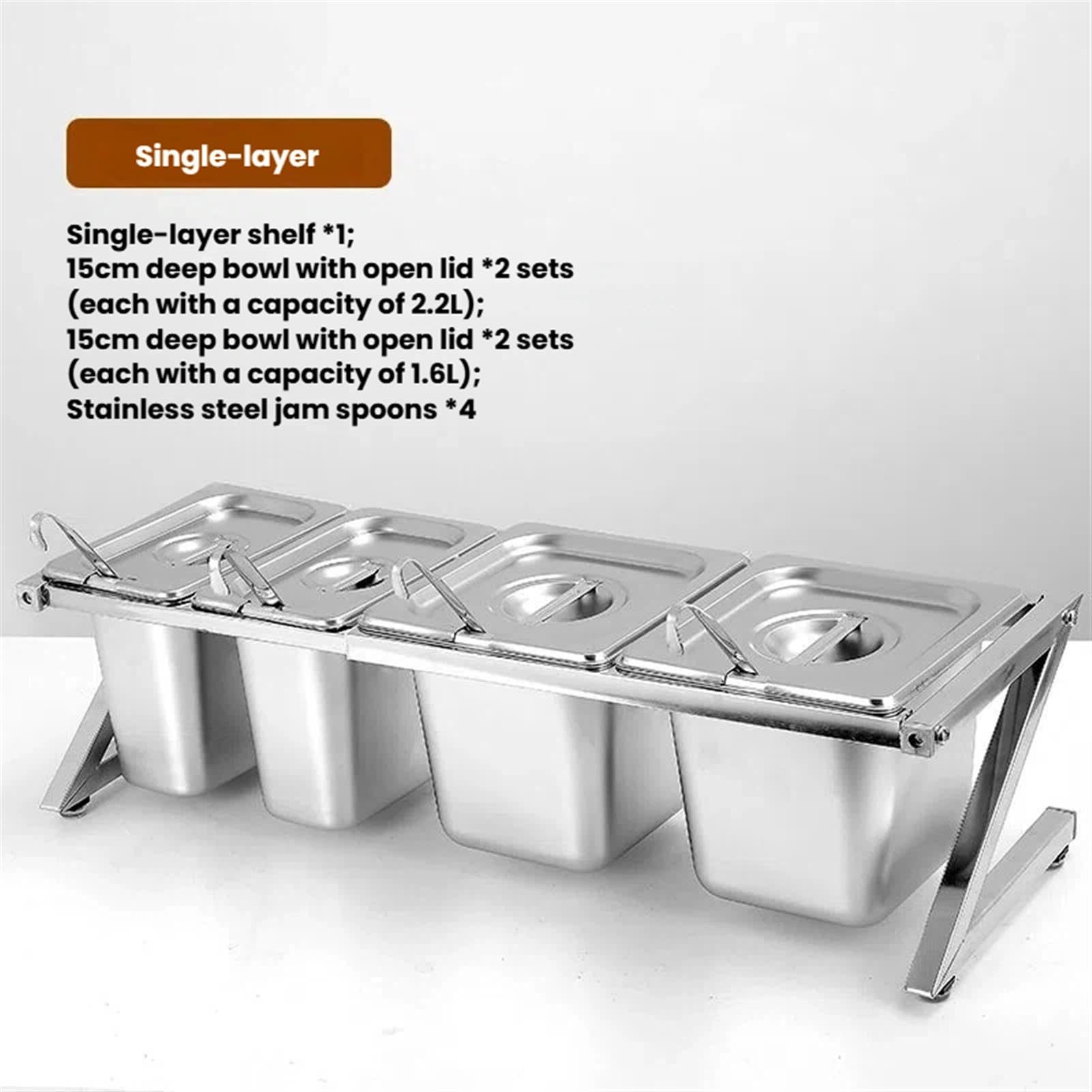 Set di contenitori per condimenti regolabili in acciaio inossidabile con coperchi e cucchiai, perfetti per cucina, buffet, cibo, per uso domestico e oggetti essenziali per feste