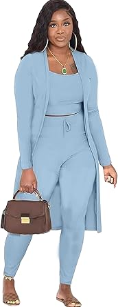 Womens 3 Piece Lounge Set Pajamas Set Long Cardigan Crop Tank Drawstring Pants Loungewear Outfits