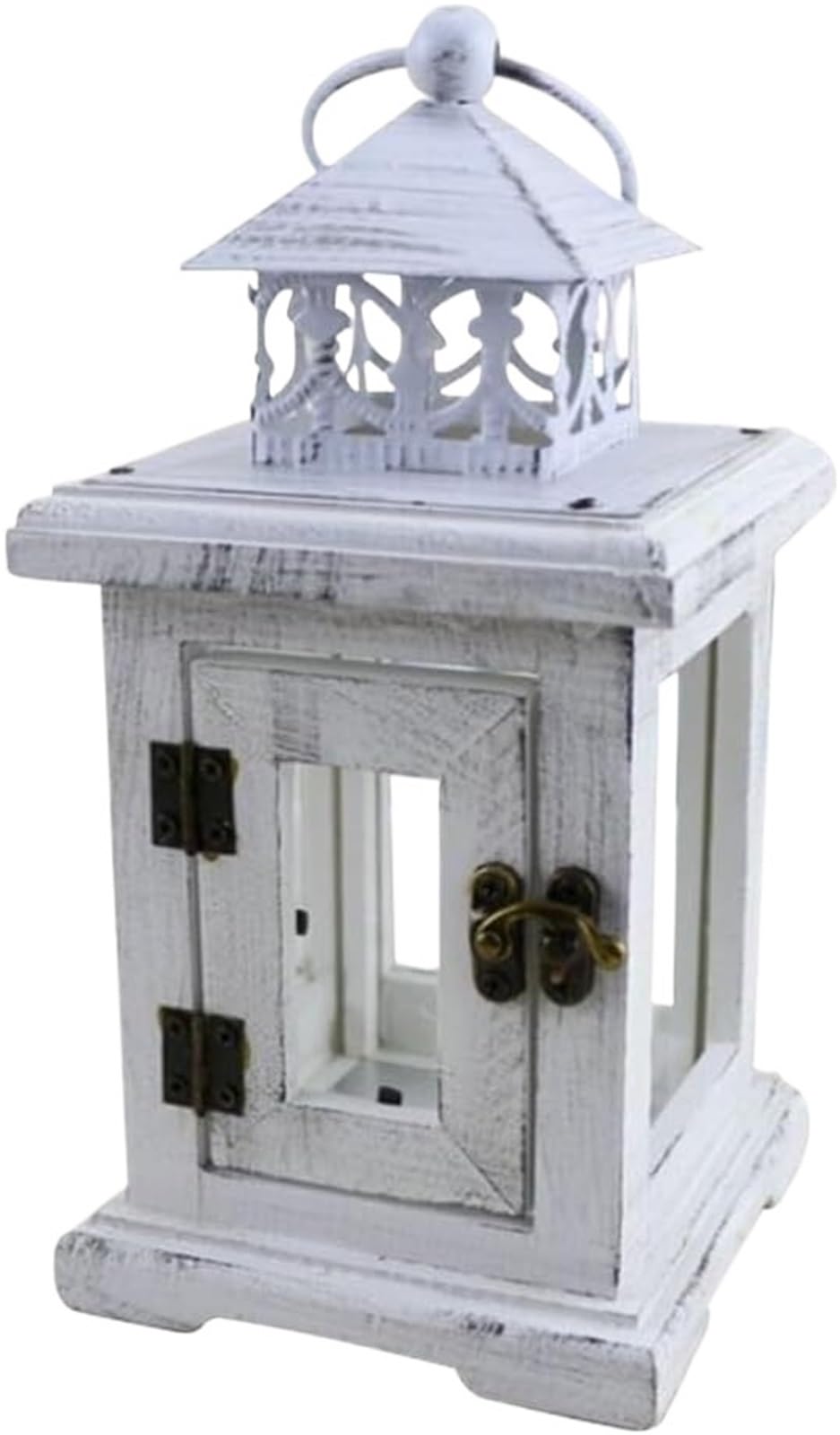 Kerzenhalter, Kerzenständer, Vintage-Stil, Holzlaterne mit Metalldachgriff, rustikaler Kerzenhalter, Teelichthalter, Dekoration, Kandelaber (weiß)