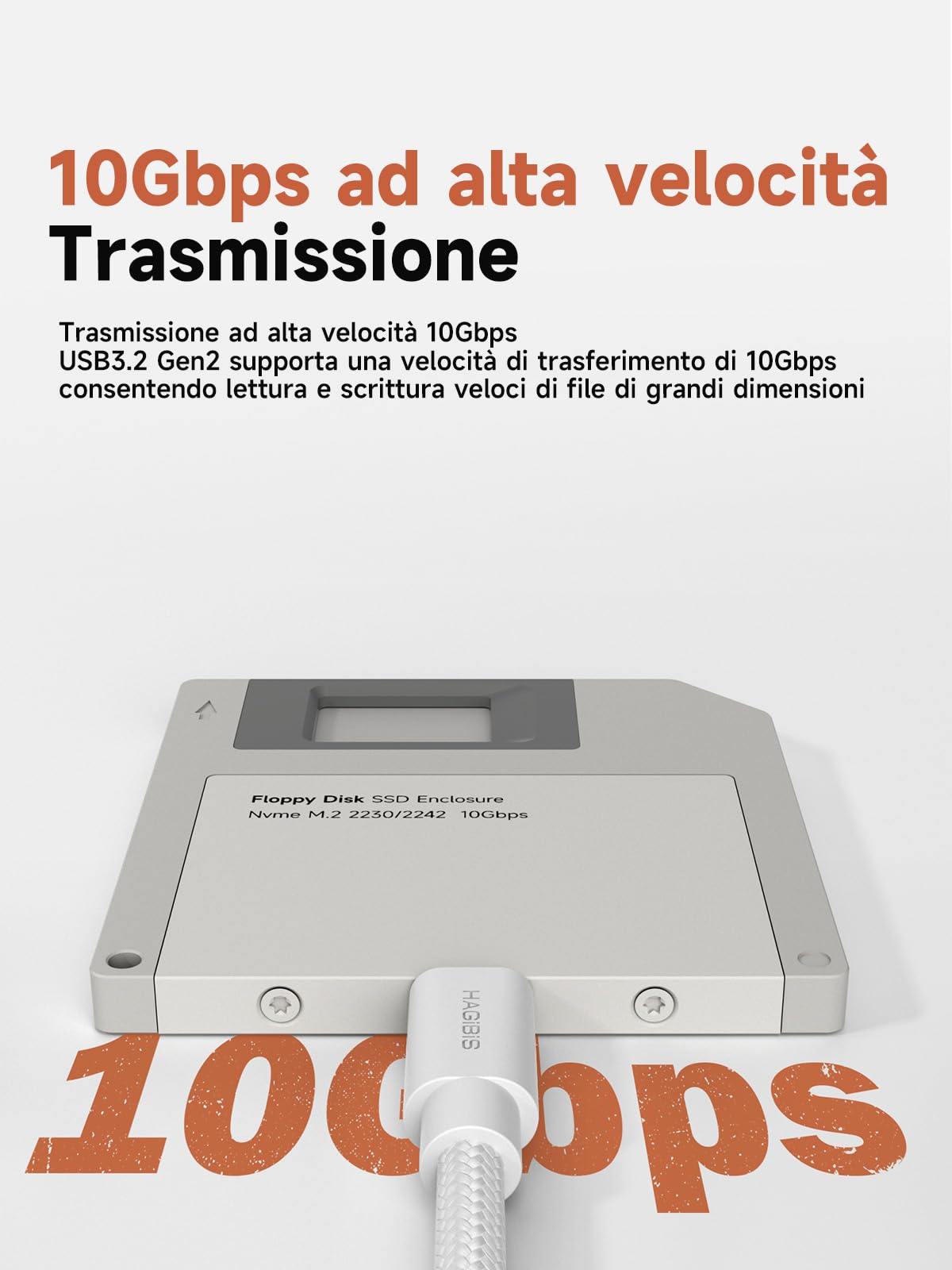 Hagibis Alloggiamento SSD, stile floppy disk USB 3.2 Gen2 10Gbps a NVMe PCI-E M.2 2230/2242 SSD Case, M.2 custodia per disco rigido esterno per MacBook Laptop iPad Android iPhone 17 Pro Max (grigio)