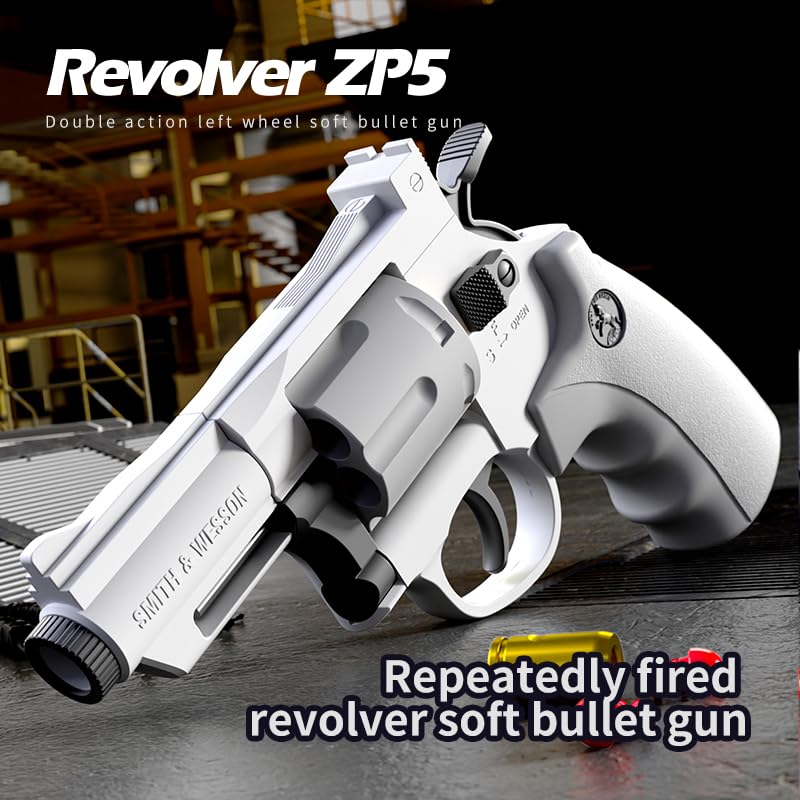 Image of Revolver Toy Gun | Real Looking Plastic Airsoft Gun Pistol| Semi-Automatic Style | 12 Bullet Shell' and 50 Bullet Included(White+Grey)