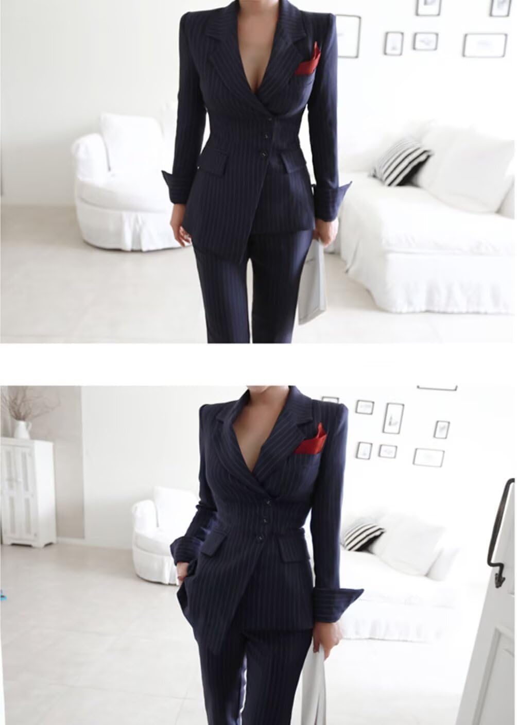 Women's Business Stripe Suit 2 Pieces Office Lady Slim Fit Jacket and Pants for Homecoming Banquet