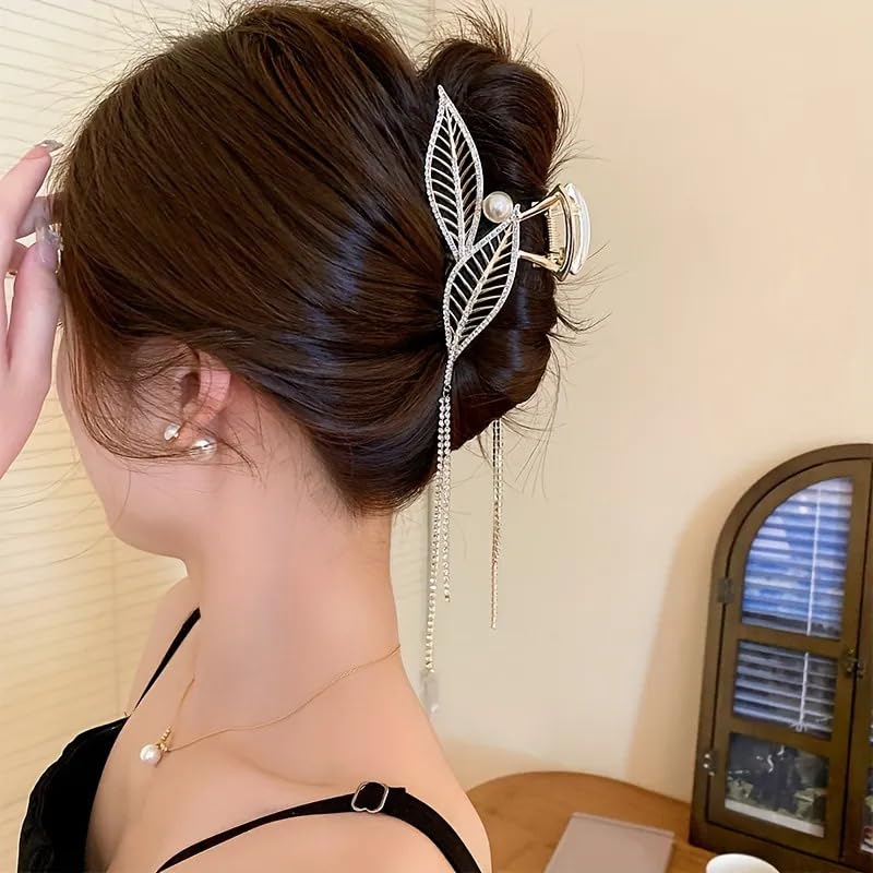 Image of Diversa Rhinestone Golden Claw Clip, Embellished Korean Clutcher, Non- Slip Metal Claw Clip for Girls, Fancy Clutcher for Women, Pack of 1 (Double Leaf)