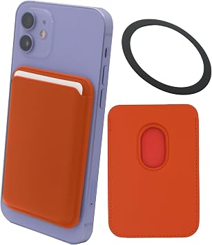 Compatible with MagSafe, Magnetic Wallet for iPhone 15/14/13/12 Mini Plus and Pro Max Series, Leather MagSafe Wallet with Strong Magnet Ring for Credit Card - Orange