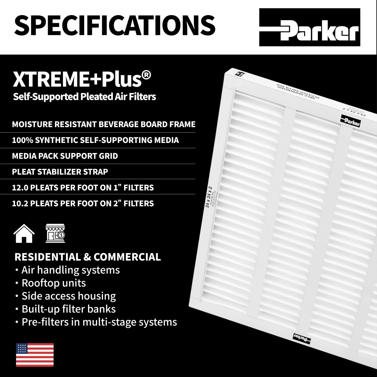 Parker 20x20x2 MERV 8 Xtreme Plus Pleated HVAC Air Filter. Case of