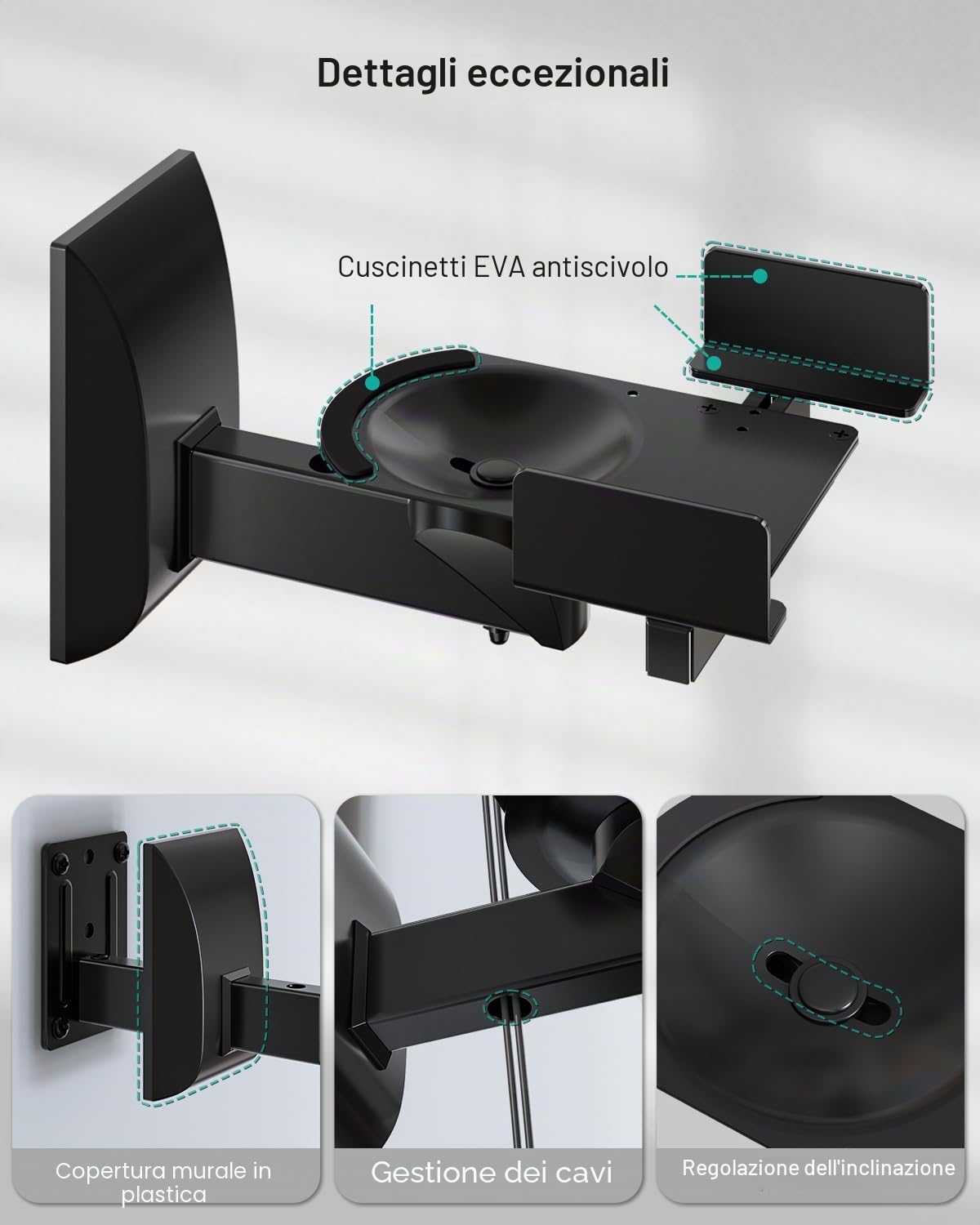 WALI Staffa di montaggio a parete con doppio morsetto laterale per diffusori audio circostanti, fino a 24,9 kg (SWM201), nero