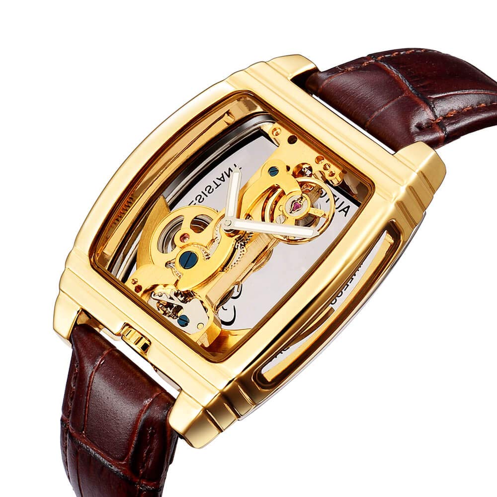 Reloj mecánico automático transparente para hombre, diseño de esqueleto steampunk, correa de cuero, reloj masculino montre Homme, Marrón dorado, Correa