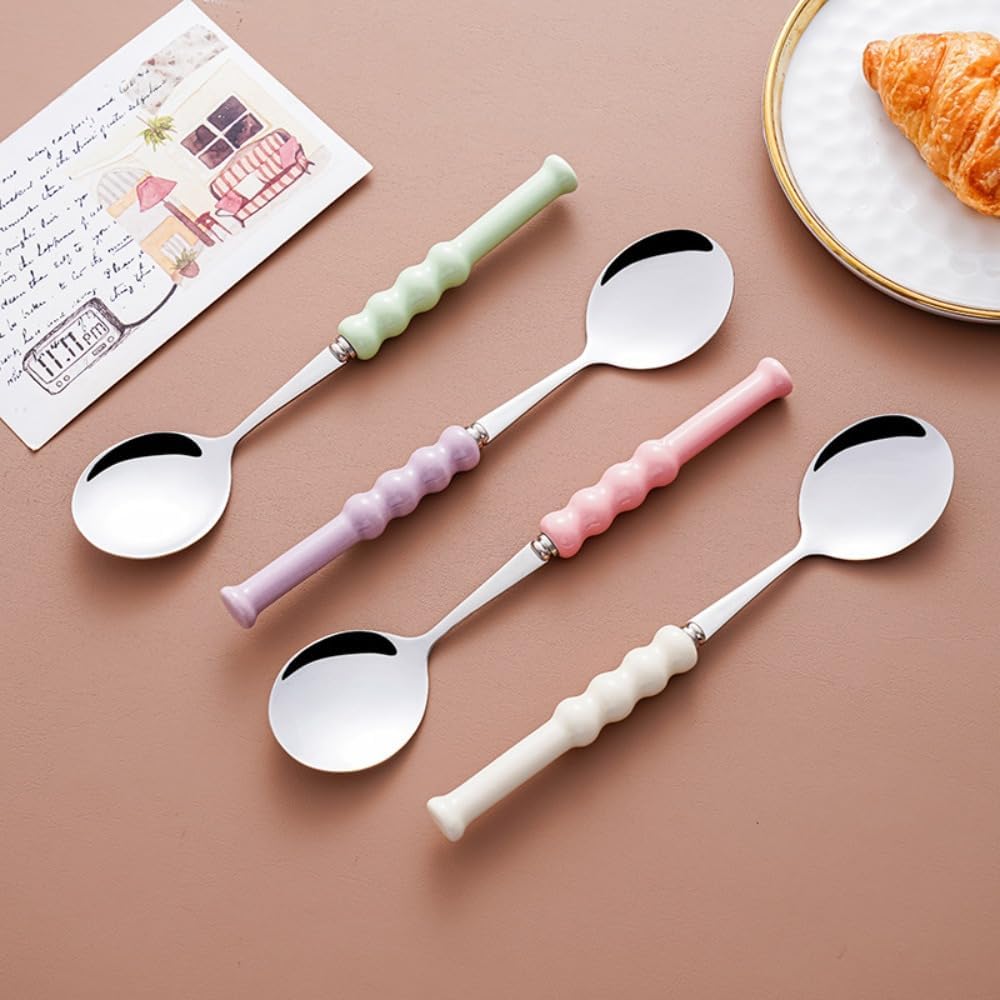 (4 Pieces) 7.5 Inch Ceramic Long Handle Spoon Stainless Steel Household Eating Soup Spoon Coffee Tea Spoon Small Round Spoon