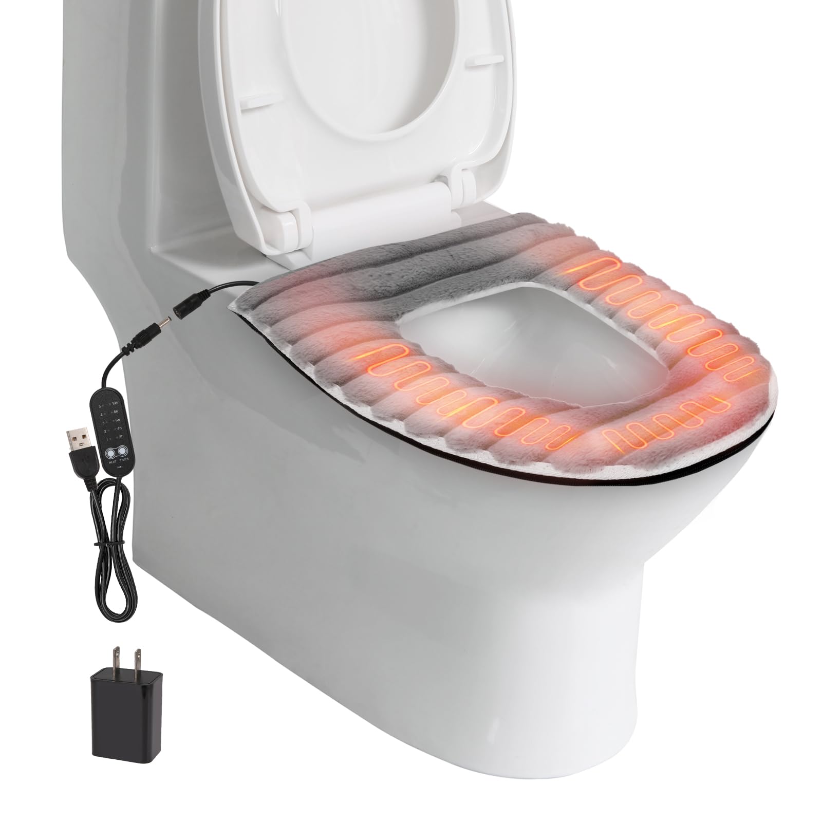 Heated Toilet Seat Cover,USB Powered Toilet Seat Warmer with Charger,5-Speed Adjustable Temperature and Timing Function,Levels Toilet Seat Cover with Soft Plush Fabric,Easy To Clean and Installation