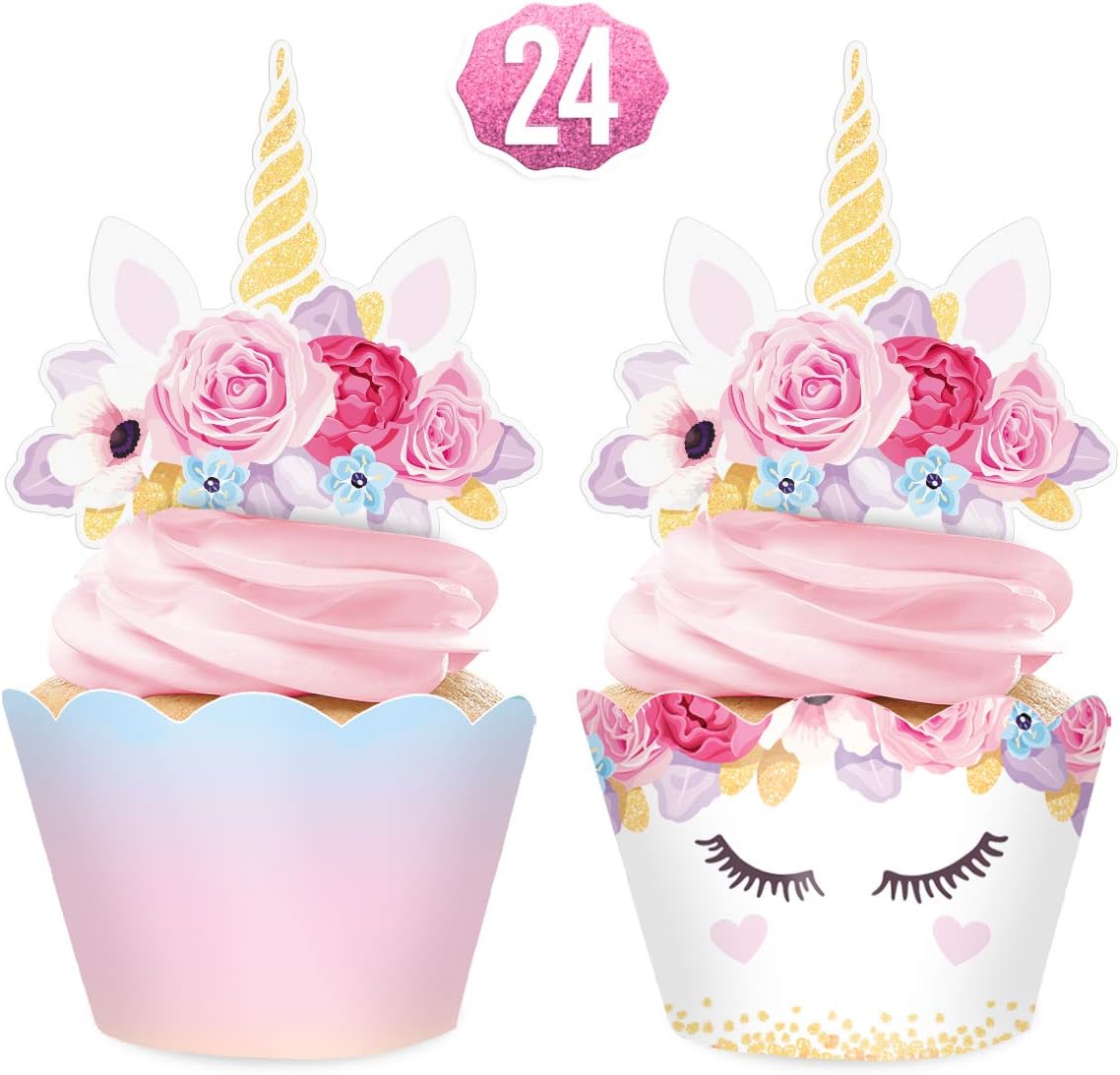 xo, Fetti Unicorn Cupcake Toppers + Wrappers - set of 24 | Rainbow Birthday Party Supplies + Magical Flower Decorations