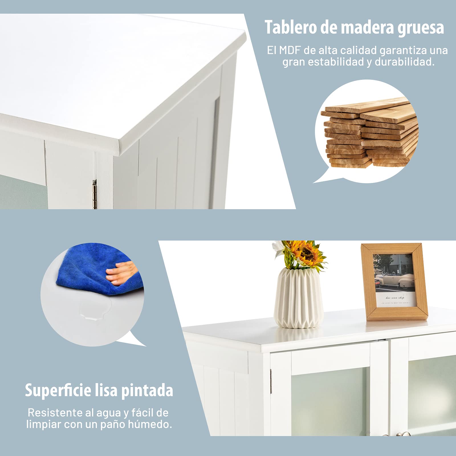 COSTWAY Armario del Baño con 4 Puertas, Armario con Puertas de Vidrio, Despenda de Madera para Cocina con Repisas Regulables, Organizador Multiuso para Casa Salón Oficina