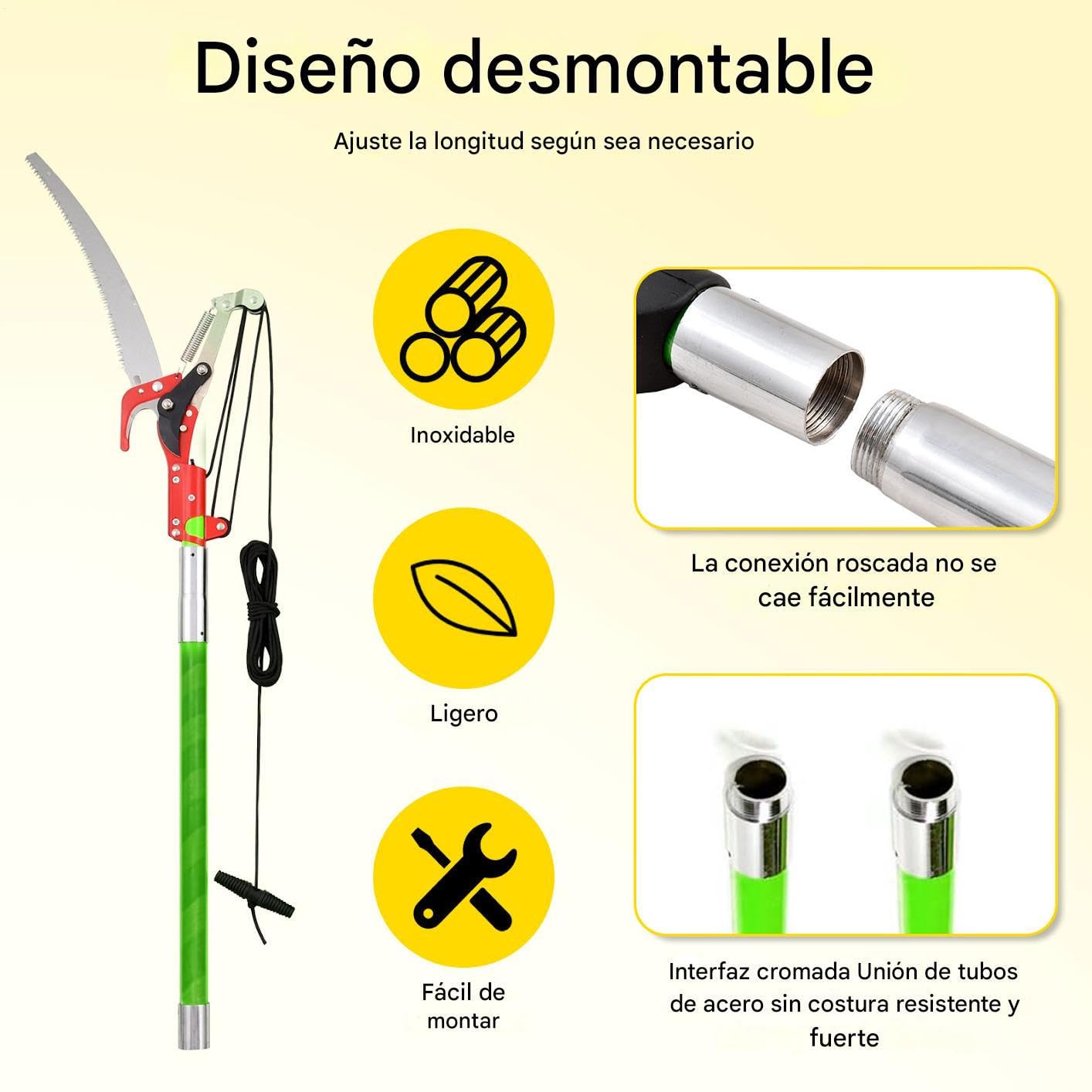 Sierra de podar telescópica de 6m: sierra de pértiga manual ajustable de 1 a 6m con 2 hojas, tijeras y bolsa. Ligera, 6 asas. Juego de herramientas de jardín para podar palmeras y arbustos