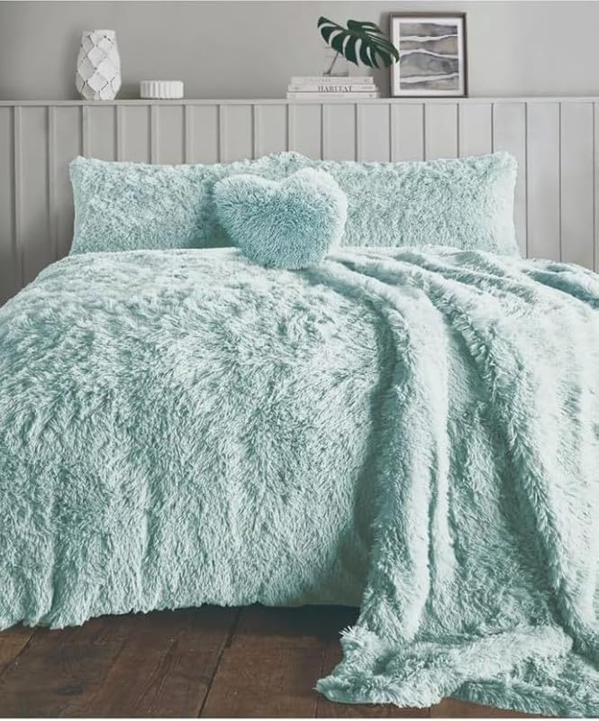 L S U Teddy Fleece Duvet Cover Set with Pillowcases Super Soft Hug & Snug Fluffy Sherpa Bedding Set (DUCK EGG SK)