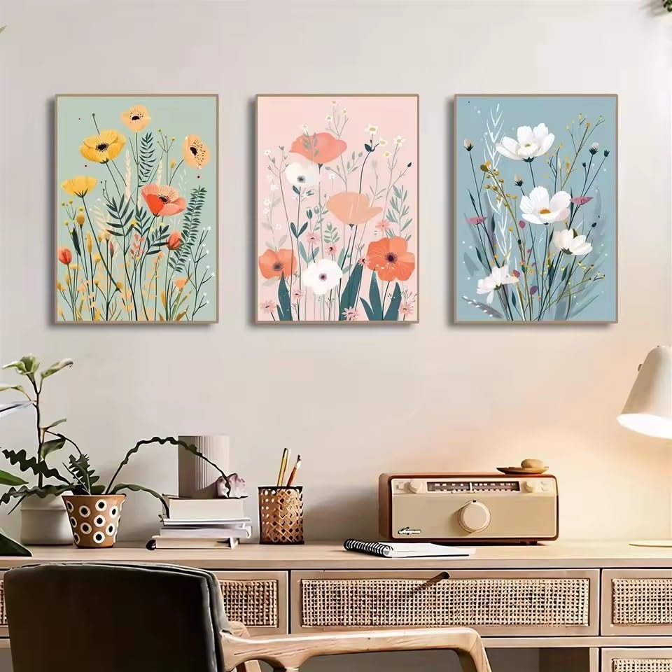 Toiles décoratives botaniques triptyque fleurs bleues et roses 40x60 - 2