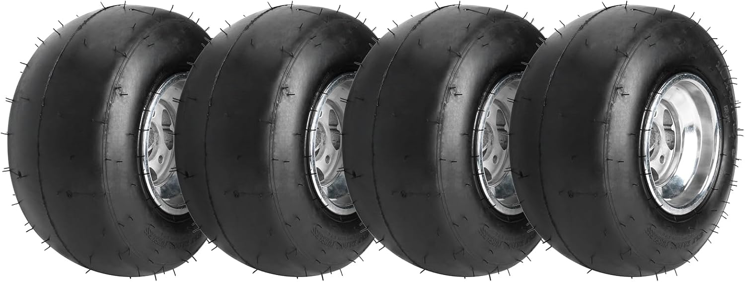 4Pack High Performace Go Kart Tire and Rim, 10x4.50-5 Go Cart Front Wheel and Racer Tire Fit Bolt Pattern 50mm w/ 3 Holes for Go Kart, Drift Trike, Buggy, Racing Carts, Slip Tread, Aluminum Alloy Rim