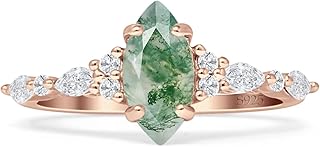 Art Deco Marquise Natural Green Moss Agate Vintage Style Wedding Engagement Ring Solid 925 Sterling Silver Gift For Women