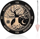 INFUNLY Witch Pendulum Board Tree of Life Round Wooden Divination Board 7.9' Sun Moon Metaphysical Message Board with Crystal Necklace Witchcraft Wicca Altar Supplies Kit