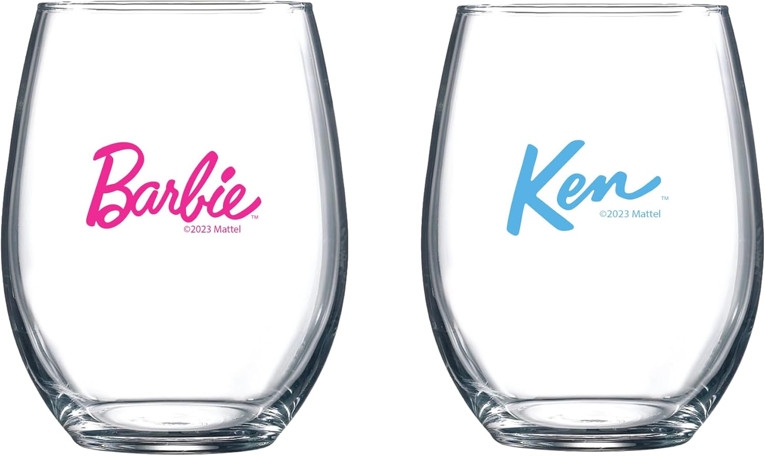 Barbie and Ken Stemless Wine Glasses Hot Pink and Blue Barbie Logo Cocktail Glasses 17 Oz - 2 Pack