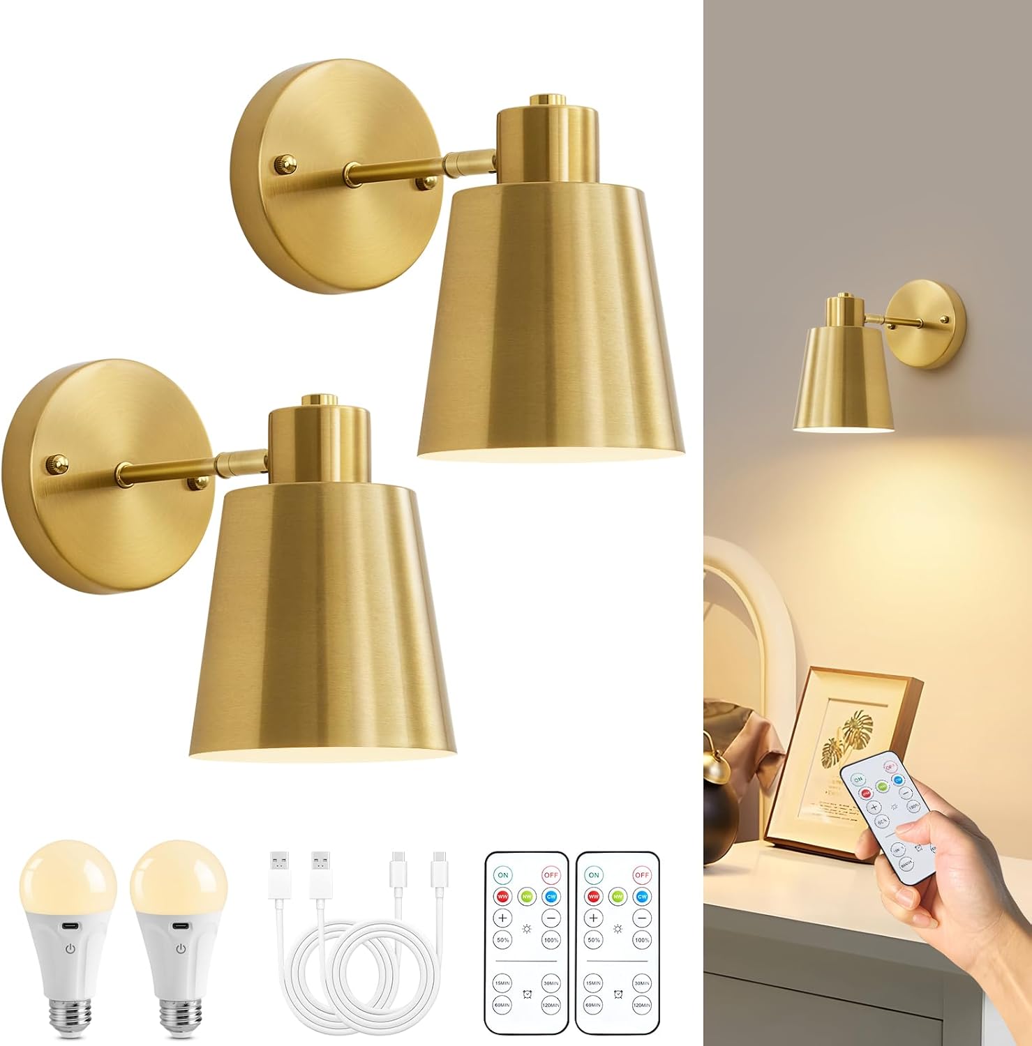 Gold Battery Operated Wall Sconces Set of Two with Remote, Rechargeable Battery Powered Wall Lights, 3 Color Temperature, Dimmable, Modern Wireless Wall Lamps for Bedroom Living Room Hallway