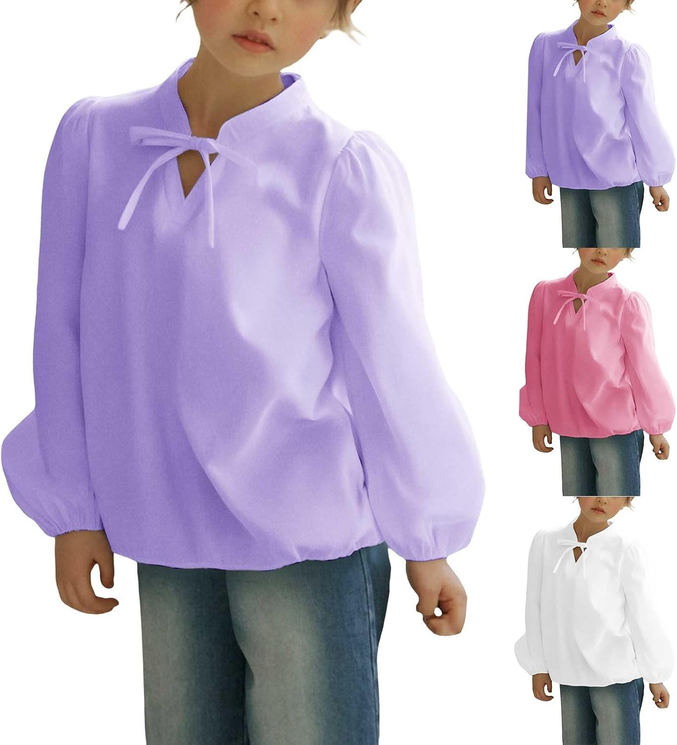 Teen Girls Ruffled Blouse Puff Long Sleeve Tops Mandarin Collar Dress Shirts Oversized V-Neck Blouse Dressy Casual Tops