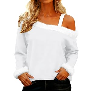 Christmas Sweatshirts for Women Plus Size Long Sleeve Furry Fur Trim Collar Cuffs Solid Off the Shoulder Xmas