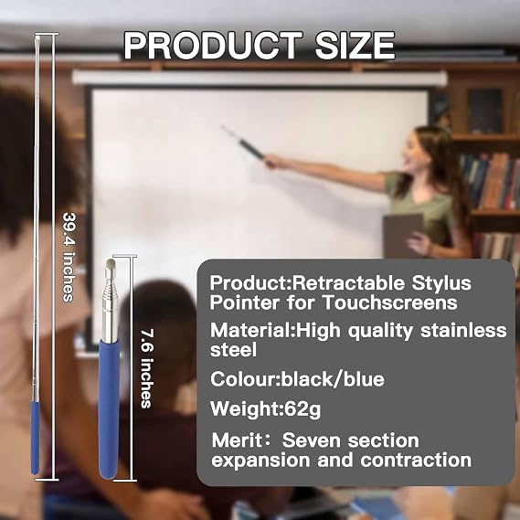Retractable Pointer Stick for Teachers - Telescopic Stylus for Touchscreens, Classroom Reading & Presentations, Extendable Teaching Tool, Essential School Supplies- Extends 39.4'' (Blue)