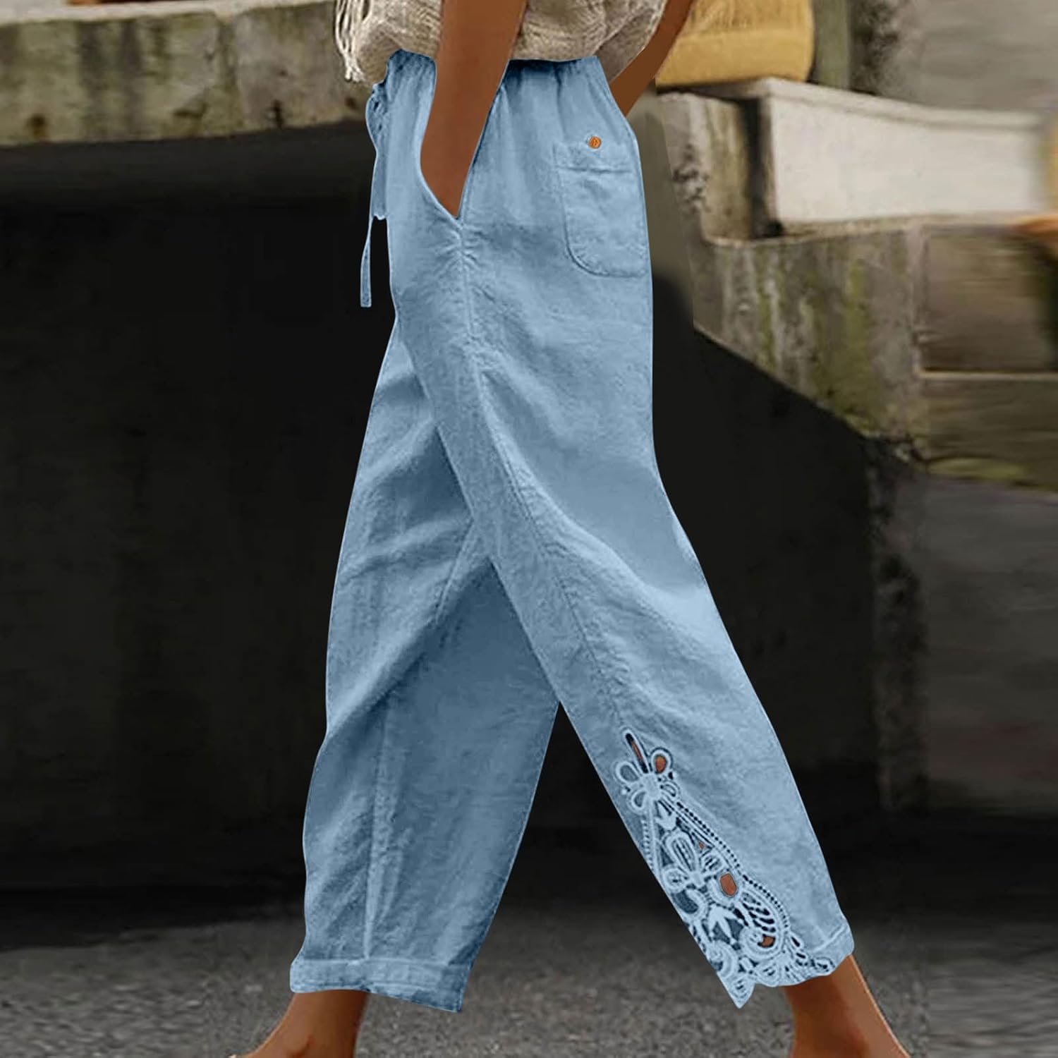 Cotton Linen Pants Women Fashion Summer Casual Cropped Pants Lightweight Beach Vacation Trouser with Pockets