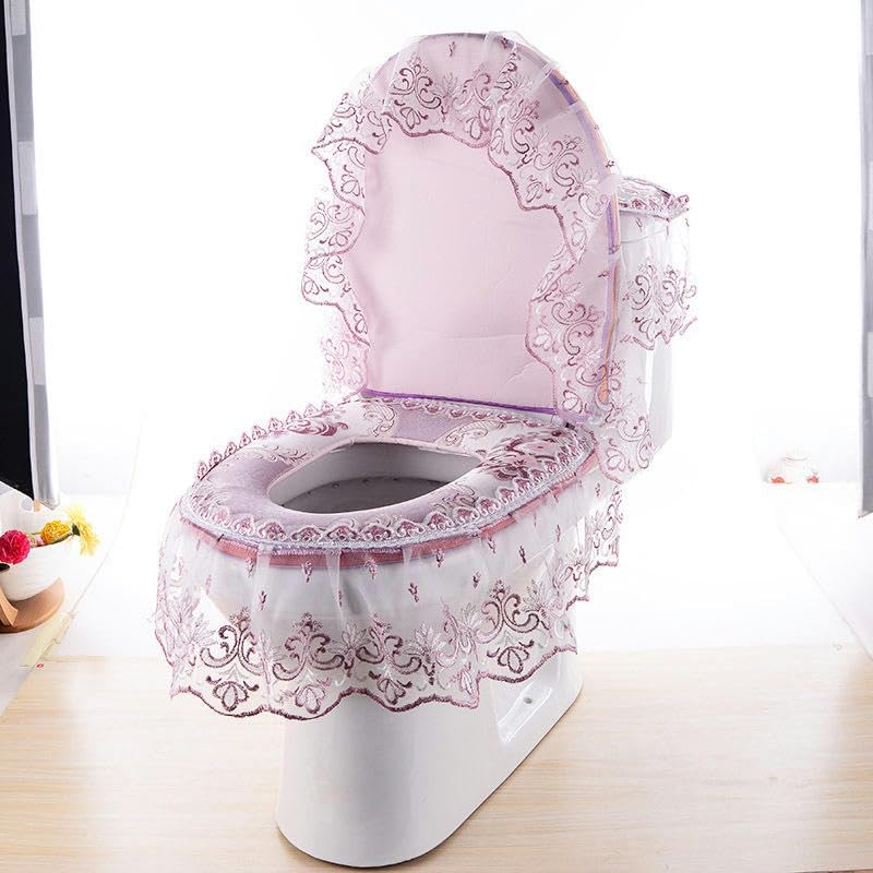 Toilet Lid Cover Set,3pcs/Set Silver Toilet Lid Cover Set Lace Flowers Toilet Lid & Tank Covers Toilet Seat Cover Toilet Seat Cushion Pads Washable(Silver)(Roze)